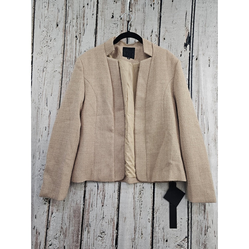 Mina Self Blazer Jacket Women Size M Khaki Tweed Textured Open Front XQ018-1 New